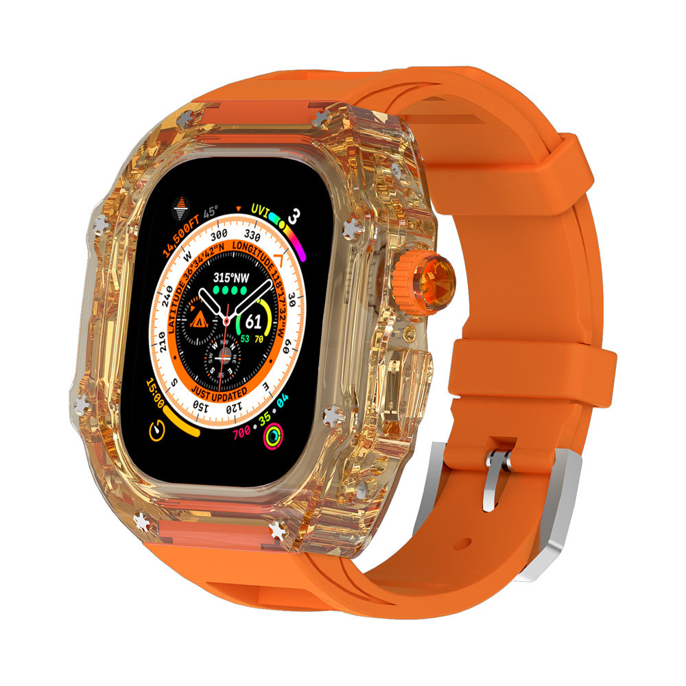 Transparent Case Fluororubber Strap Protective Case - Balochistan LLC  Note：Non-Apple brand products,Applicable to iWatch models. Product information: For: Apple Watch 49mm Strap Material: Fluoroelastomer Size: Ultra 49mm Packing: Box packing Body size: 60*61mm Strap size: max 8.8 in min 6.7 in Body thickness: 18mm Packing list： Strap*1 Watch case*1