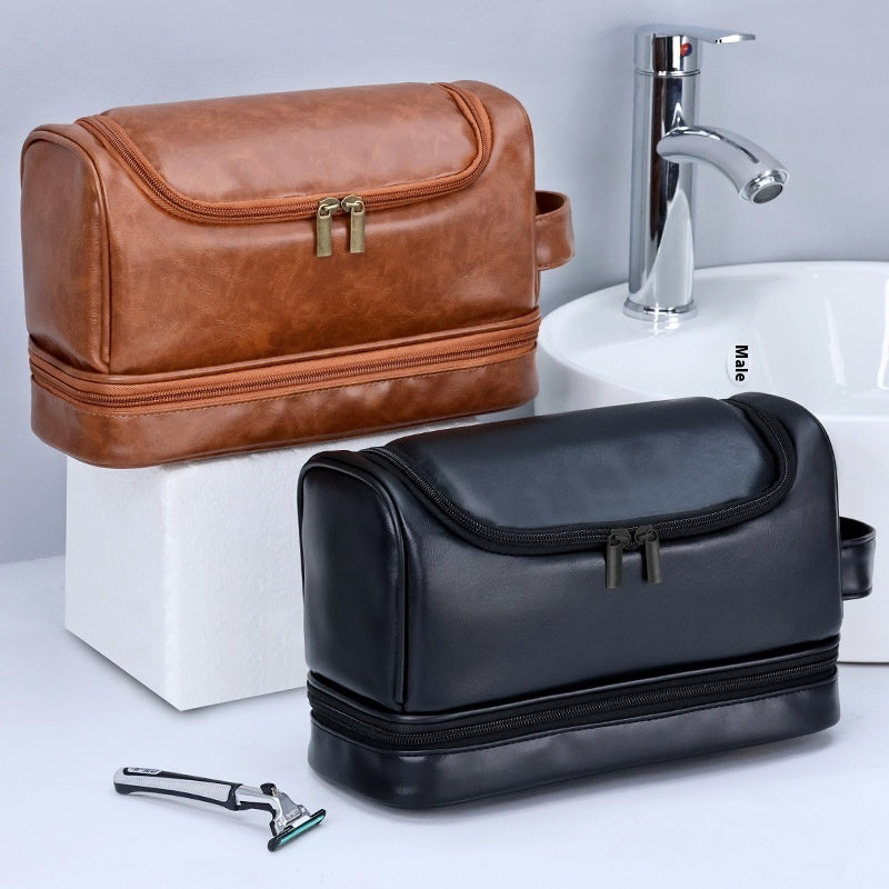 Leather Cosmetics Storage Bag Travel Toiletry Bag Portable Men's Business Simplicity Portable With Hook - Balochistan LLC  Product information: Applicable scenarios: applicable to multiple scenarios Color: brown, black, brown Scope of Application: wide Function: Storage Material: PU Style: simple and modern Category: wash bag, bag Packing list: Leather Storage Bag×1pc Product Image: