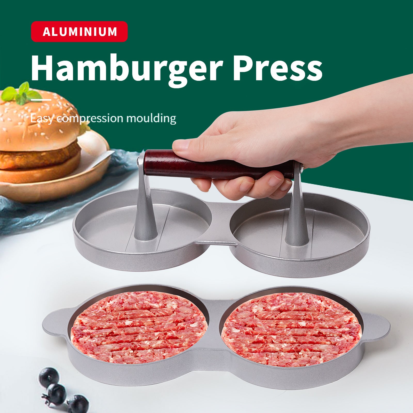 Hamburger Cutlet Press Round Mold Kitchen Gadgets - Balochistan LLC  Product information: Product Category: DIY Mold Specifications: Single-headed hamburger squeezer, double-headed hamburger squeezer, three-headed hamburger squeezer Material:Aluminum alloy Packing list: 1*Burger meat patty press Product Image: