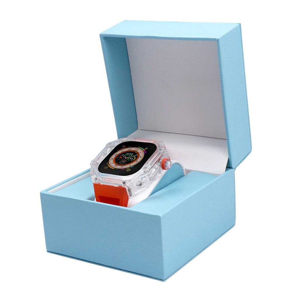 Transparent Case Fluororubber Strap Protective Case - Balochistan LLC  Note：Non-Apple brand products,Applicable to iWatch models. Product information: For: Apple Watch 49mm Strap Material: Fluoroelastomer Size: Ultra 49mm Packing: Box packing Body size: 60*61mm Strap size: max 8.8 in min 6.7 in Body thickness: 18mm Packing list： Strap*1 Watch case*1