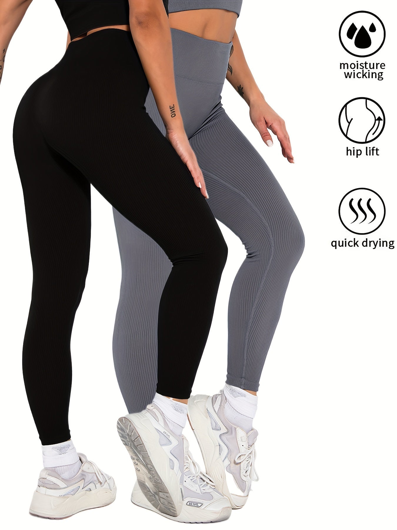 2 Pack Womens Seamless Ribbed Leggings Soft Slimming Yoga Pants, Ribbed Yoga Pants High Waisted Gym Leggings Sport Women Fitness Seamless Female