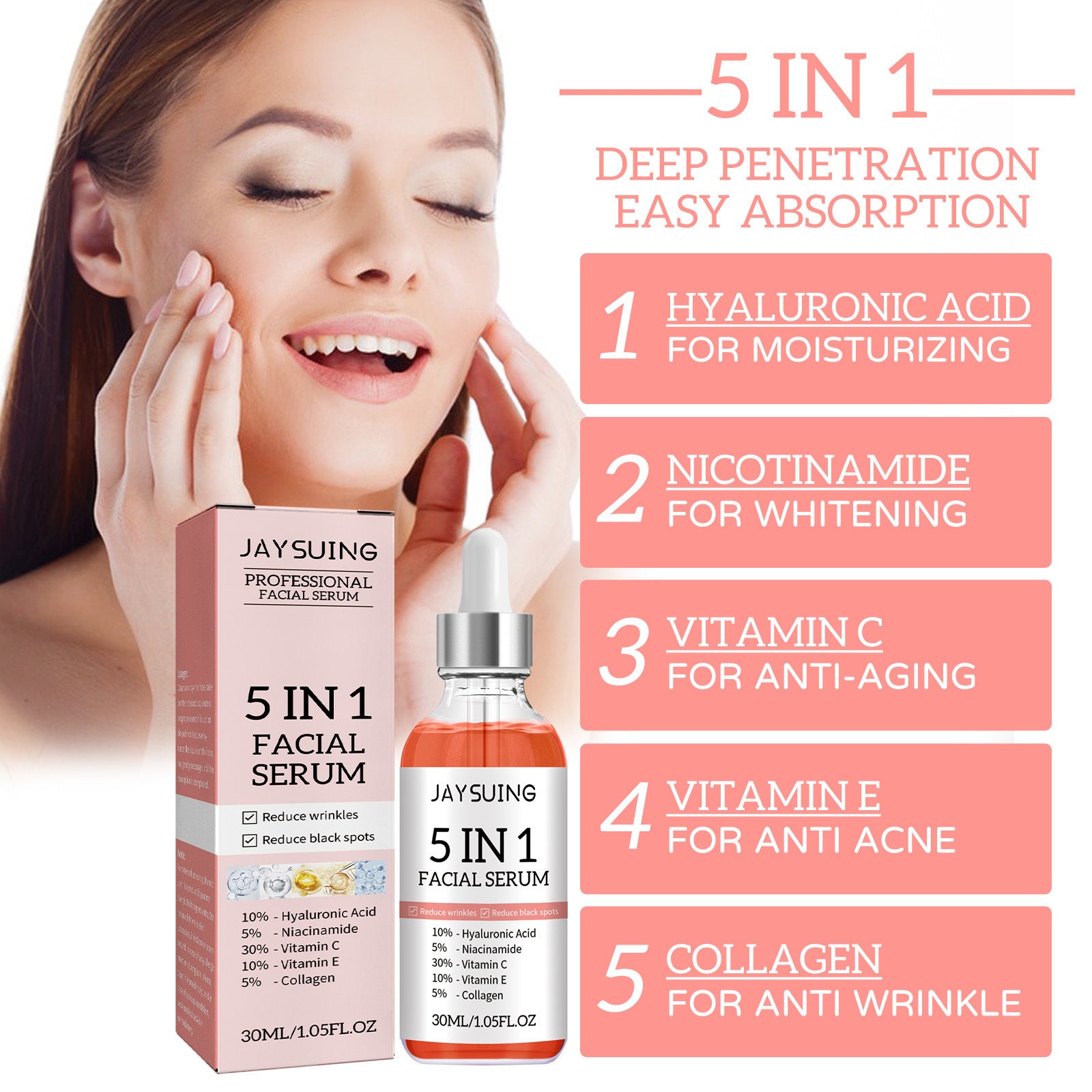 Moisturizing Skin Anti-wrinkle Firming Fade Spots 5-in-1 Facial - Balochistan LLC  Product information: Specification: Standard specifications Net content: 30ml Category: facial essence Packing list: Essence * 1 (30ml) Product Image: