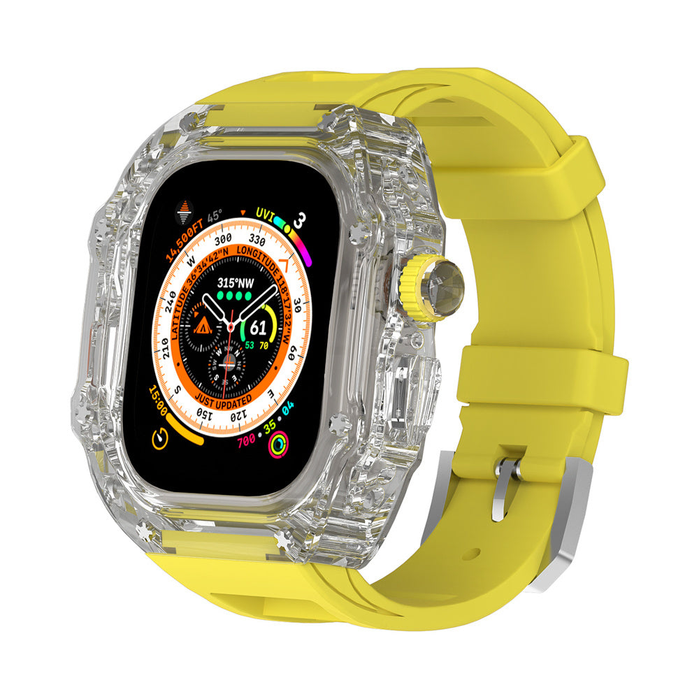 Transparent Case Fluororubber Strap Protective Case - Balochistan LLC  Note：Non-Apple brand products,Applicable to iWatch models. Product information: For: Apple Watch 49mm Strap Material: Fluoroelastomer Size: Ultra 49mm Packing: Box packing Body size: 60*61mm Strap size: max 8.8 in min 6.7 in Body thickness: 18mm Packing list： Strap*1 Watch case*1