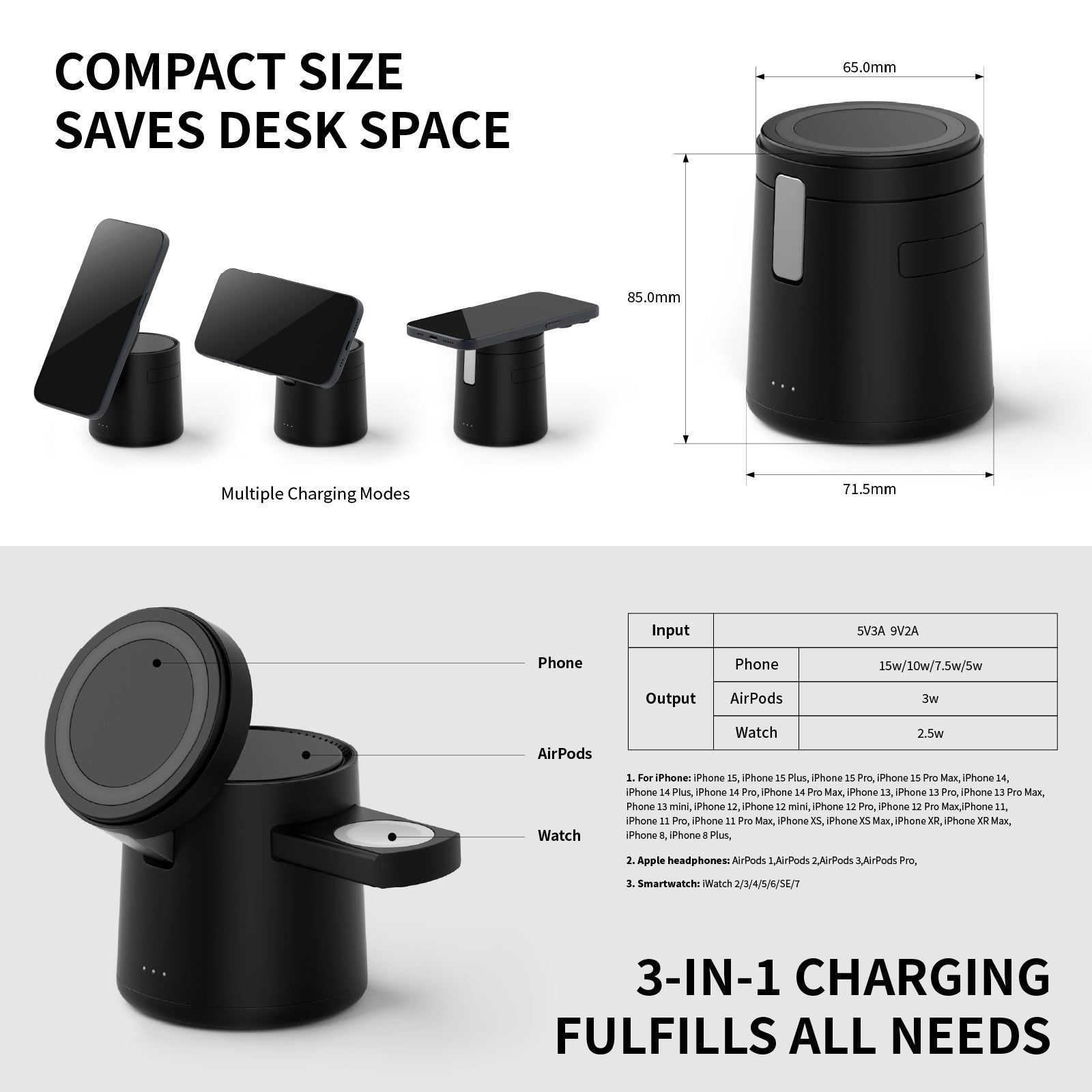 15W Magnetic Three-in-one Wireless Charger - Balochistan LLC  Product information: Model: s7 Type: folding magnetic three-in-one wireless charger Material: ABS + zinc alloy + rubber oil Color: black/white Input: 9V/2A Output: 15W /10W/7.5W/ 3W/2.5W Product Size: 71.5*85*65m m Packing list: 1* Wireless Charger Product Image: