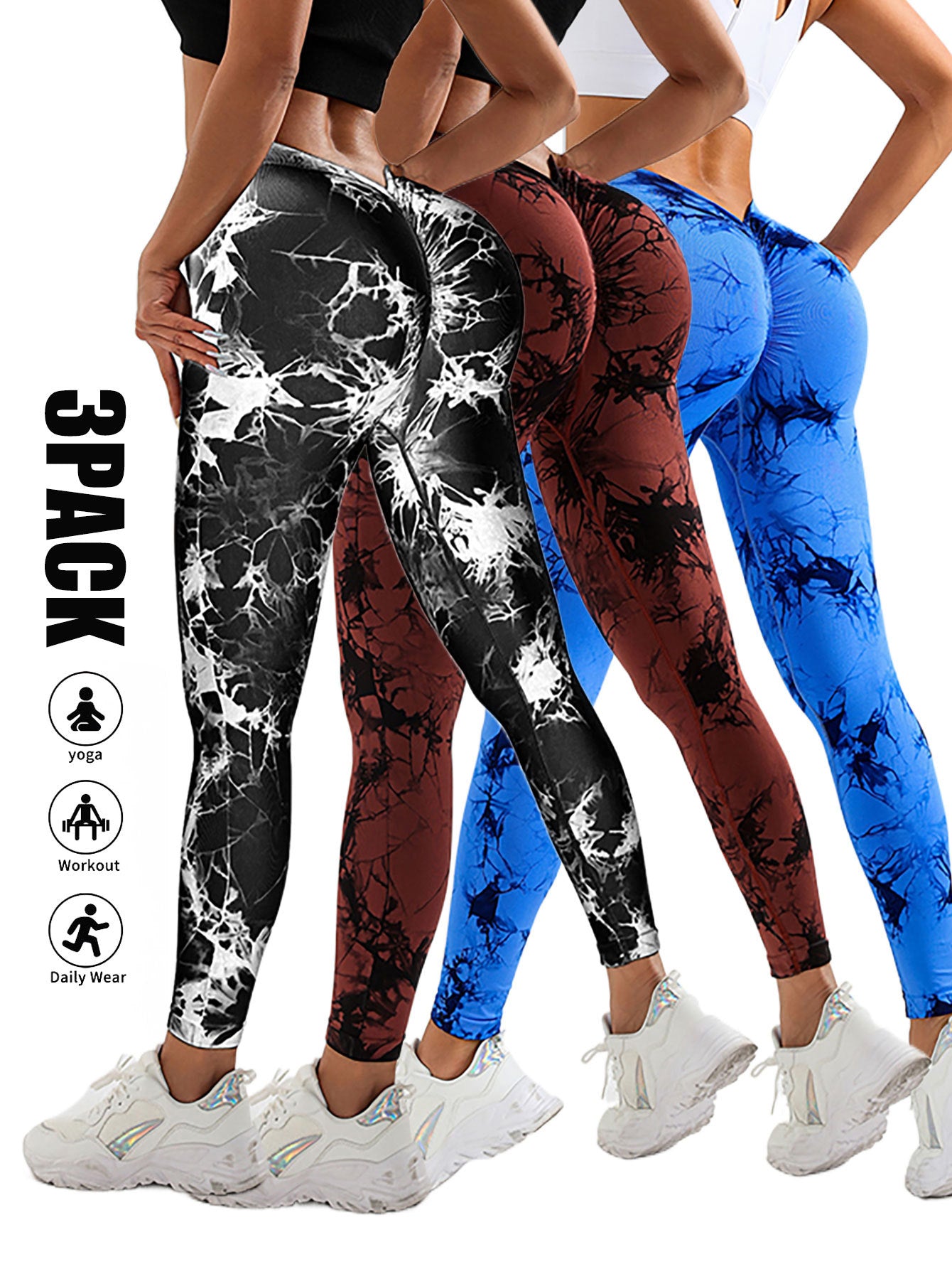 3 Pack Women's Scrunch Workout Leggings, High Waisted Butt Lifting Tie-dye V Back Waist Seamless Gym Yoga Leggings, Workout Leggings For Women Jada Leggings