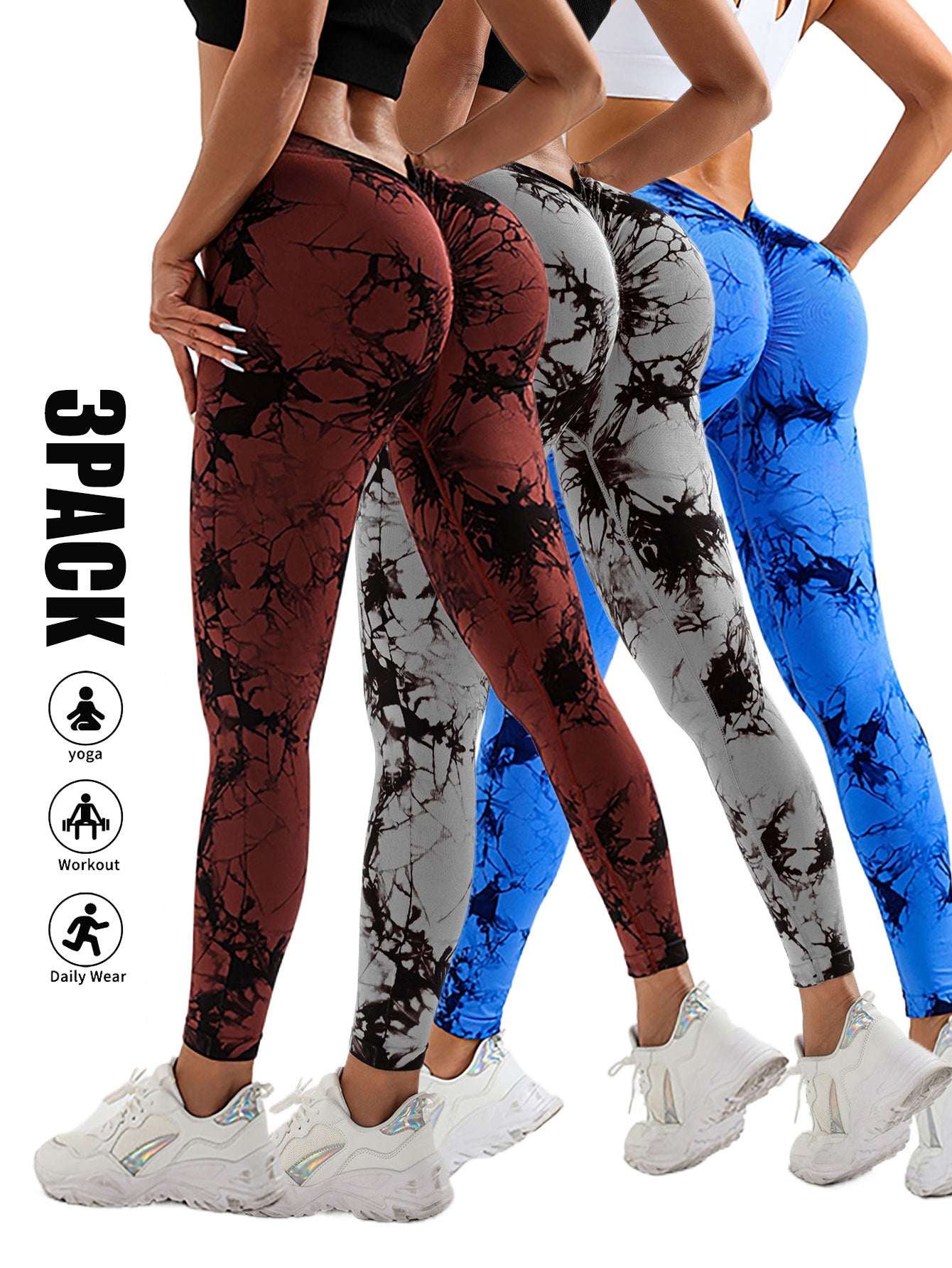 3 Pack Women's Scrunch Workout Leggings, High Waisted Butt Lifting Tie-dye V Back Waist Seamless Gym Yoga Leggings, Workout Leggings For Women Jada Leggings